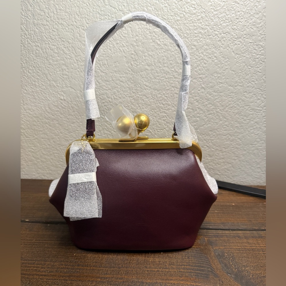 Coach Kisslock Frame Bag 16 in Brass/Black Currant Glovetanned Leather NWT - Picture 5 of 6